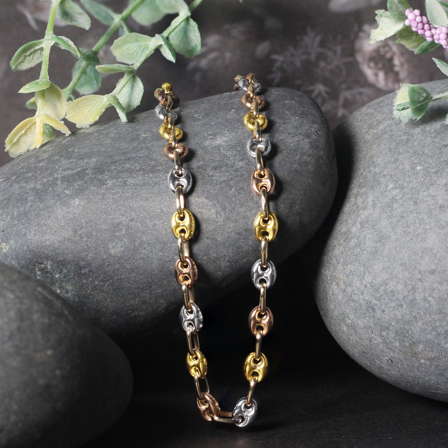 14k Tri Color Puffed Mariner Chain