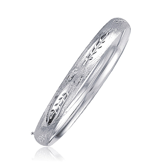 Classic Floral Carved Bangle in 14k White Gold (6.00 mm)