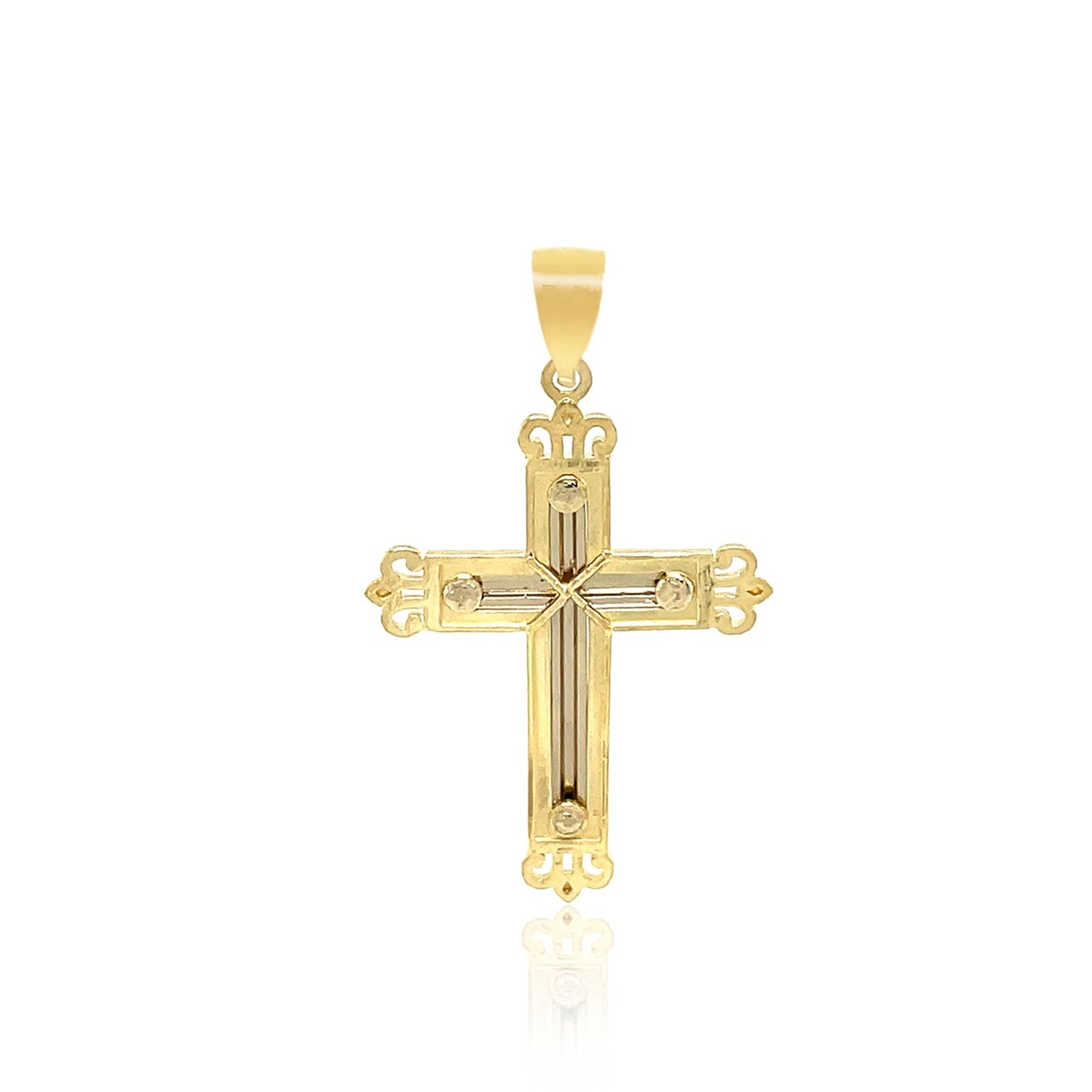 14k Two-Tone Gold Cross Pendant with an Ornate Budded Style