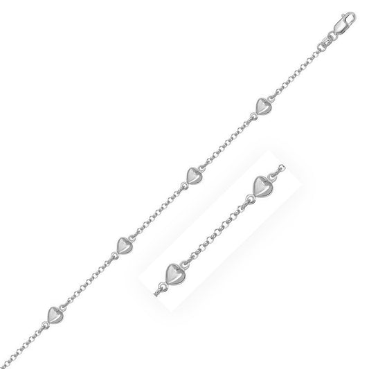 14k White Gold Rolo Chain Bracelet with Puffed Heart Stations (3.30 mm)