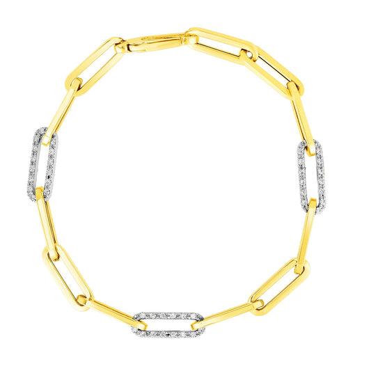 14k Yellow Gold Paperclip Chain Bracelet with Three Diamond Links (2.00 mm)