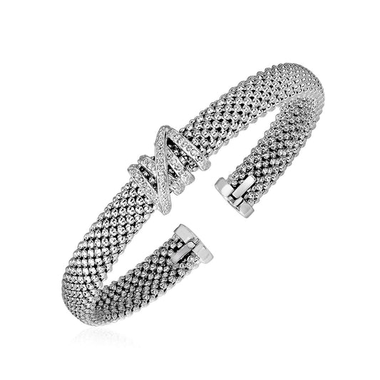 Popcorn Texture Cuff Bangle with Diamonds in Sterling Silver (8.00 mm)