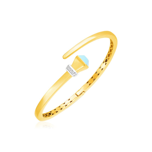 14k Yellow Gold Crossover Style Hinged Bangle Bracelet with Turquoise and Diamonds (3.40 mm)