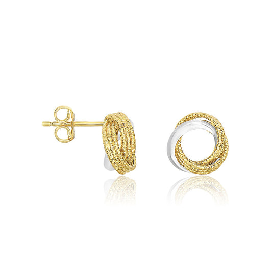 14k Two-Tone Gold Multi-Textured Open Circle Style Entwined Earrings