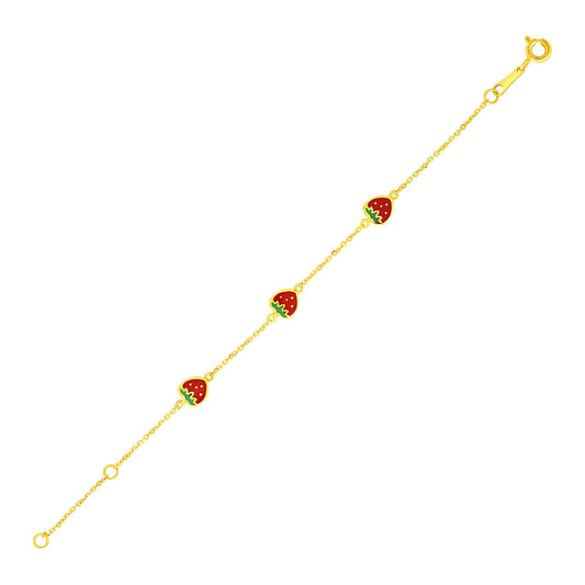 14k Yellow Gold 5 1/2 inch Childrens Bracelet with Enameled Strawberries (1.00 mm)