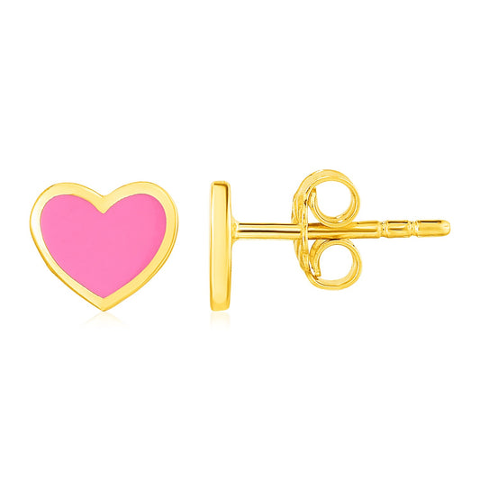 14k Yellow Gold and Enamel Pink Heart Stud Earrings