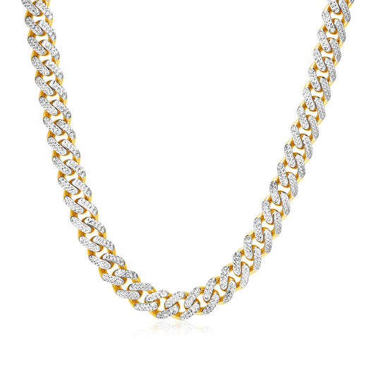 14k Two Tone Gold Miami Cuban Chain Necklace with White Pave