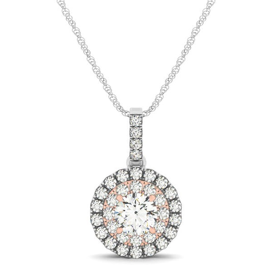 Round Shape Halo Diamond Pendant in 14k White and Rose Gold (1/2 cttw)